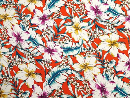 Tissu viscose Chally imprimée hibiscus brique
