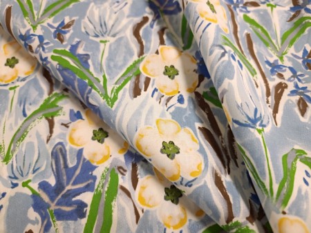 Tissu percale imprimée floral bleu artistique
